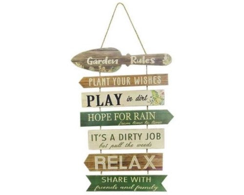 Charming MDF garden rules sign with rope hanger, measuring 56 x 35 cm, perfect for home and outdoor decor.