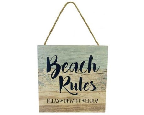 Rustic wooden Beach Hanger Rules sign with beach graphics, measuring 15 x 15 cm, perfect for coastal decor.
