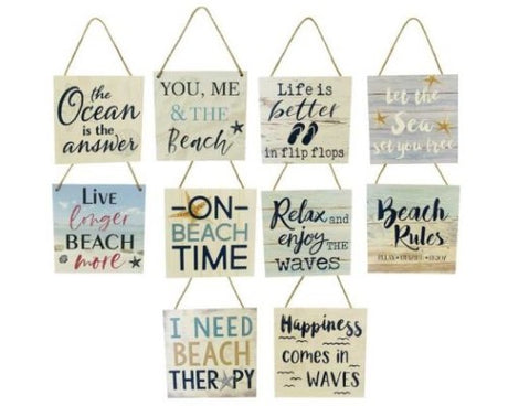Set of 8 wooden beach signs with rope hangers, perfect for coastal decor in any seaside retreat.