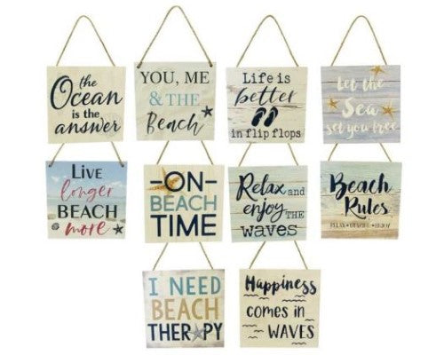 Set of 8 wooden beach signs with rope hangers, perfect for coastal decor in any seaside retreat.