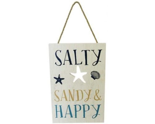 Wooden Beach Star Salty sign with rope, featuring 'Salty, Sandy & Happy', perfect for beach-themed decor.