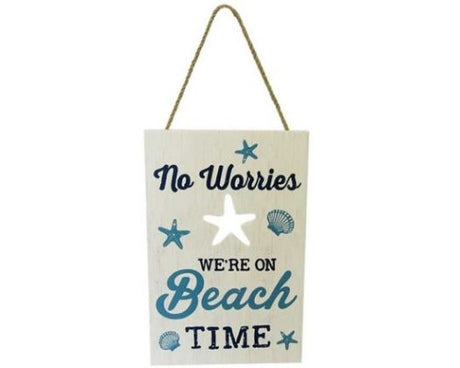 Wooden beach sign with rope hanger, 'No Worries, We're on Beach Time', 23 x 15 cm, perfect for coastal-themed decor.