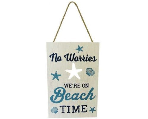 Wooden beach sign with rope hanger, 'No Worries, We're on Beach Time', 23 x 15 cm, perfect for coastal-themed decor.