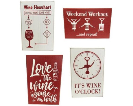 Set of four decorative MDF wine signs, each 20 x 30 cm, celebrating wine culture with elegant sayings.