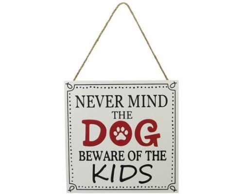 Charming MDF wall art sign reading 'Beware Kids' with rustic twine hanger, perfect for pet-loving families.