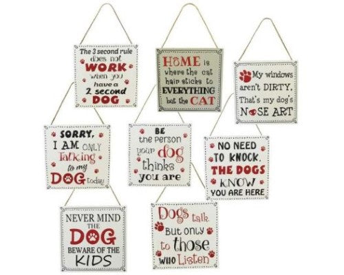 Charming set of six MDF pet signs with twine hangers, perfect for showcasing your love for pets in home decor.