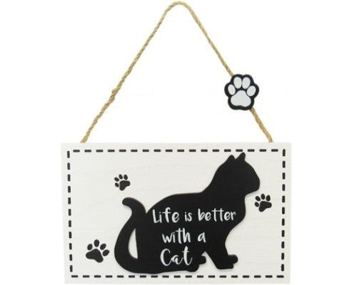 Wall art sign featuring a paw print and the phrase 'Life is Better', ideal for cat lovers, 16 x 10 cm.