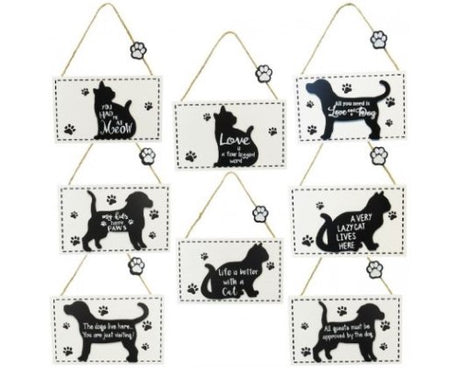 Set of 8 whimsical cat and dog MDF wall signs featuring paw prints and rustic twine hangers, perfect for pet lovers.