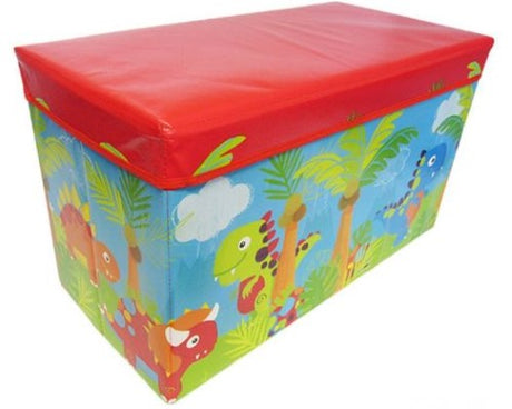 Colorful toy box with dinosaur graphics, spacious for toys, cushioned top for comfy seating, ideal for kids' rooms.