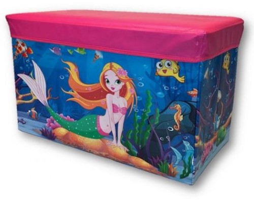 Colorful mermaid-themed toy storage box, 60cm, doubles as a stool with cushioned top, perfect for organizing toys and play essentials.