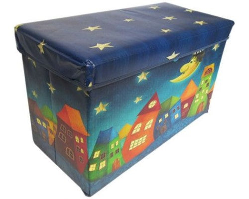 Toy Box Starry Night: a spacious toy storage with a whimsical starry design, doubles as a child's cushioned stool.