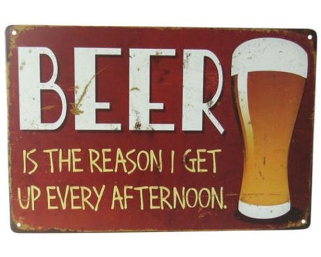Retro 'Beer Afternoon' tin sign, 30cm x 20cm, perfect for home bars and cozy spaces, adds a playful touch to decor.
