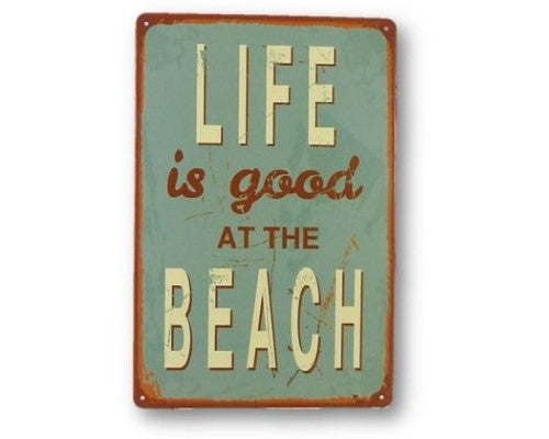 Retro Art Tin At The Beach Sign with whimsical beach artwork, perfect for coastal decor in beach houses or outdoor spaces.