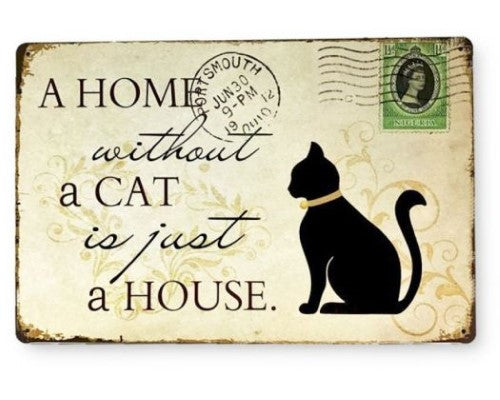Whimsical Art Tin Cat Home Sign, 30cm x 20cm, perfect for adding charm to any indoor or outdoor decor.