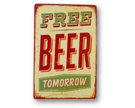 Retro Art Tin Free Beer Sign, 30cm x 20cm, perfect for bars or man caves with vibrant colors and vintage charm.
