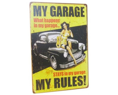 Retro tin garage rules sign, 30cm x 20cm, perfect for man caves and easy to display.