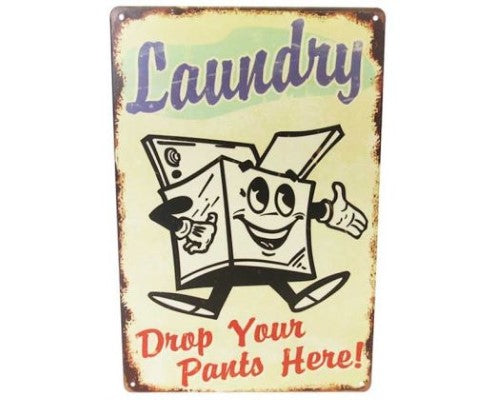 Retro tin laundry sign featuring playful pants design, perfect for adding charm to your laundry room decor.