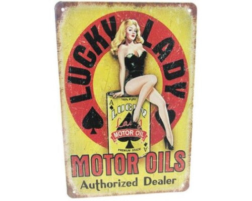 Colorful retro tin sign featuring a lucky lady, perfect for adding charm to any wall decor.