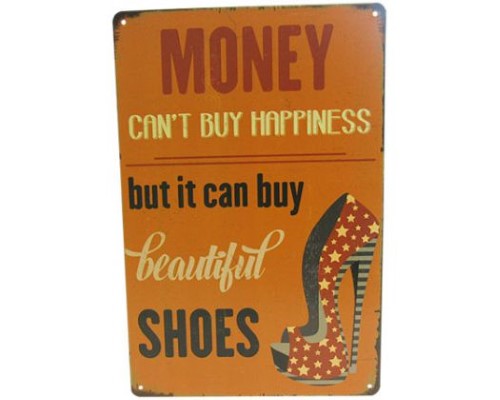 Retro tin art sign featuring quirky shoe designs, measuring 30cm x 20cm, ideal for unique decor.