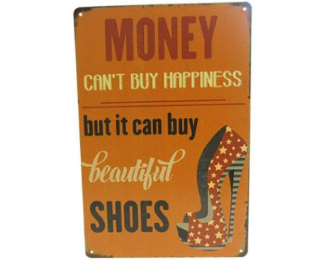 Retro tin art sign featuring quirky shoe designs, measuring 30cm x 20cm, ideal for unique decor.