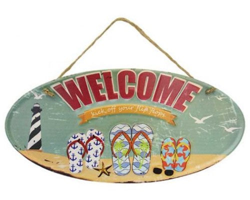 Charming Flip Flop Welcome Tin Sign, 40 x 19.5 cm, vibrant beach-themed decor with rope hanger for easy installation.