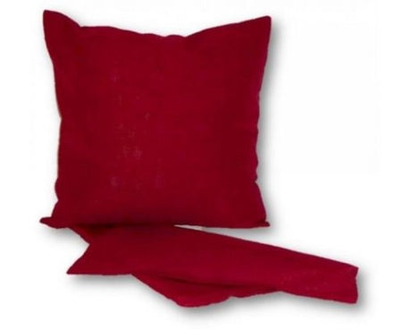 Red linen-look cushion cover with premium thick fabric, 44cm x 44cm, featuring easy access zip for washing.