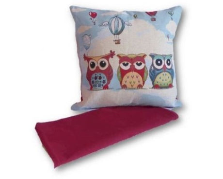 Whimsical cushion cover with owls and balloons, crafted from thick fabric, perfect for stylish home decor.