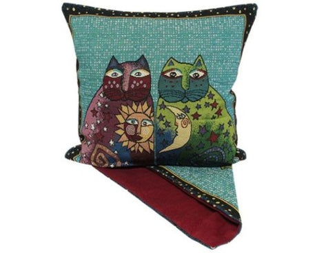 Stylish cushion cover featuring sun and moon cats, made of premium thick fabric, 44cm x 44cm, with easy access zip.