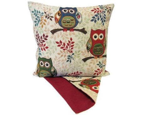 Whimsical owl design cushion cover for stylish home decor, made from thick fabric, 44cm x 44cm with easy zip access.