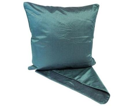 Satin look teal cushion cover enhancing home decor with easy-access zip, measuring 44cm x 44cm, ideal for versatile styling.