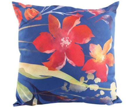 Vibrant cushion featuring colorful calla lilies on a blue background, measuring 44cm x 44cm, ideal for home decor.