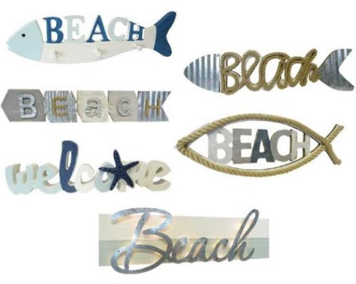 Set of seven coastal-themed signs with rustic paint finish, perfect for beach decor indoors or outdoors.