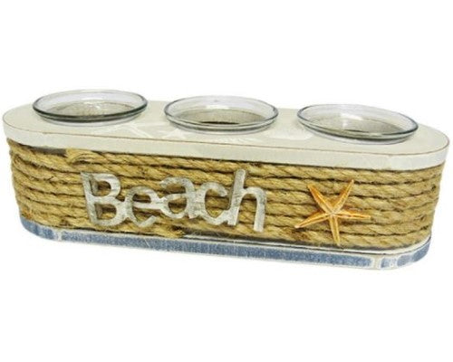 Beach tea-light holder with twine accent, holds three candles, bleached finish, perfect for coastal decor.