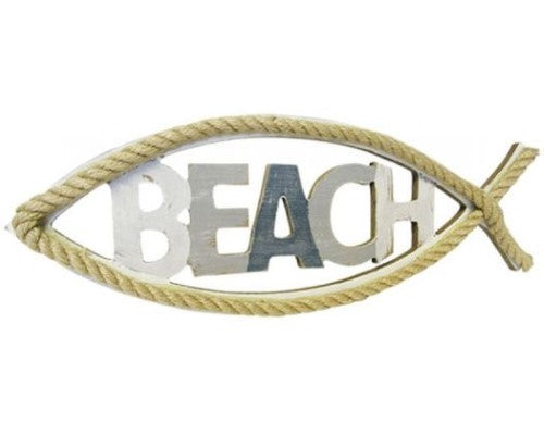 Rustic Beach Fish Sign with rope trim, measuring 37.5 x 13.5 x 2 cm, ideal for coastal decor and easy hanging.