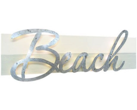 Large Beach LED sign with aluminum letters, perfect for indoor or outdoor coastal decor, battery-operated with hooks for easy hanging.