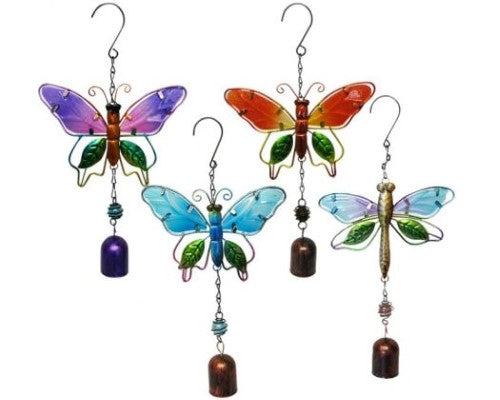 Set of 4 stained glass butterfly and dragonfly hangers with bell, measuring 23 x 16 cm including hook.