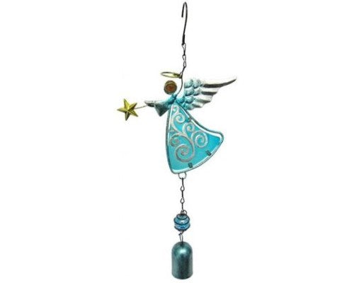 Blue stained glass angel bell garden decor with fern detail, measuring 39 x 17 cm with a hanger hook.
