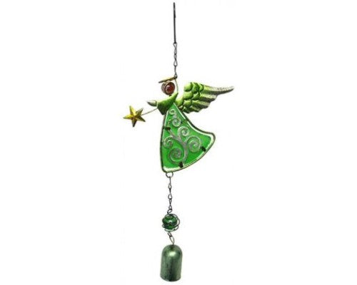 Stained glass and metal angel bell garden decor with fern detail, measuring 39 x 17 cm with hanger hook.
