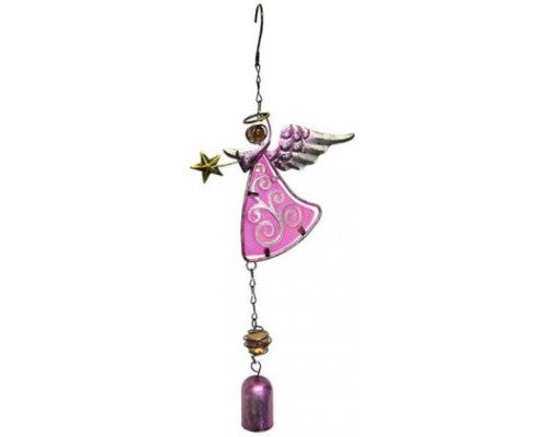 Stunning pink stained glass angel bell garden decor with fern detail, measures 39 x 17 cm with hanger.
