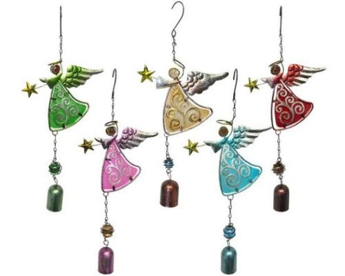 Set of 4 stained glass angels with fern detail, featuring hanging bells for garden decor.