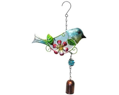 Blue stained glass bird hanger with bell, measuring 27 x 20 cm, perfect for adding charm to your garden.