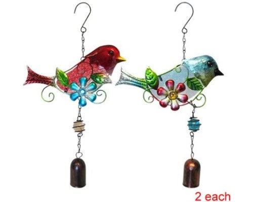 Set of four metal and stained glass bird hangers with bells, measuring 27 x 20 cm including hooks.