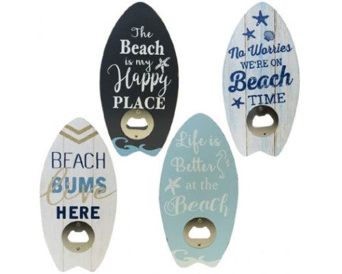 Set of 4 vibrant surfboard-shaped bottle openers, perfect for beach lovers and summer parties.