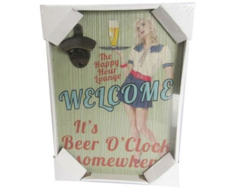 Bottle opener sign 'BeerO'Clock' ideal for man cave, white box packaging, measures 33.5x23.5x4.5 cm.