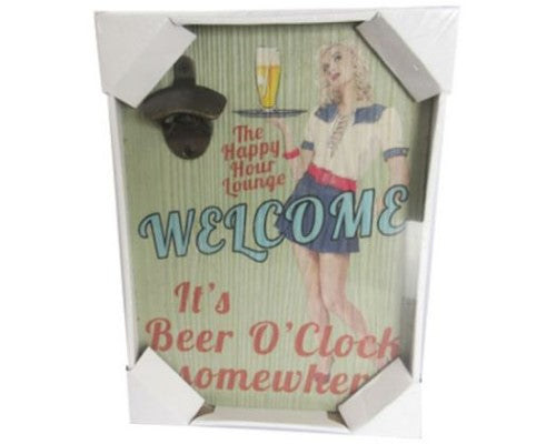 Bottle opener sign 'BeerO'Clock' ideal for man cave, white box packaging, measures 33.5x23.5x4.5 cm.