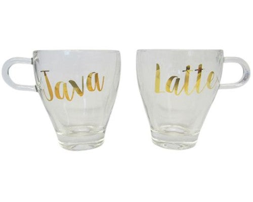 Elegant glass coffee mugs set with King and Queen design, perfect for couples, 10cm tall and 8cm wide.