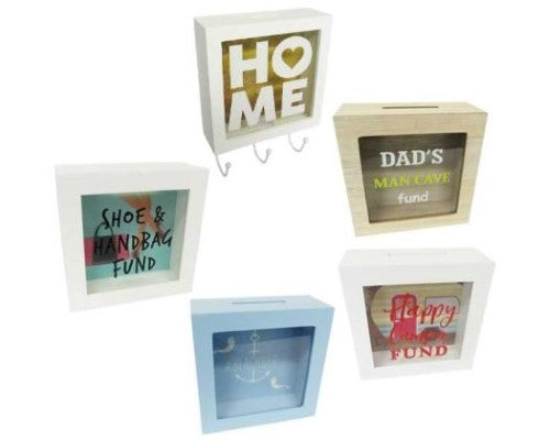 Set of 4 stylish money boxes for adults, featuring unique designs for travel, shoes, handbags, and a key hook.