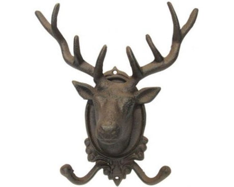 Large metal stag coat hook showcasing rustic charm, ideal for organizing jackets and enhancing cabin decor.