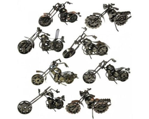 Set of 6 detailed steampunk metal motorbikes, perfect décor for a man cave, each measuring approx. 20x9.5 cm.