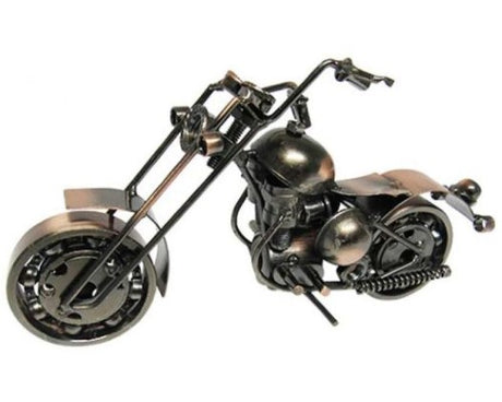 Detailed steampunk copper motorbike model, perfect decor for man caves, measuring 20 cm x 12 cm.